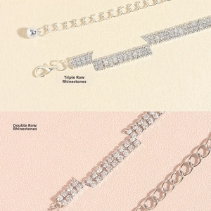 Détail d'une chaîne de corps argentée avec deux et trois rangées de strass étincelants
