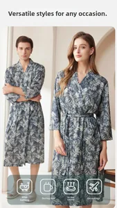 Detail of tropical palm leaf print robes with belted waist for men and women