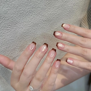 French Tip Cat Eye ABS Press On Nails Brown Glitter Short Square Shimmer Elegant Artificial Fake Fingernails Women