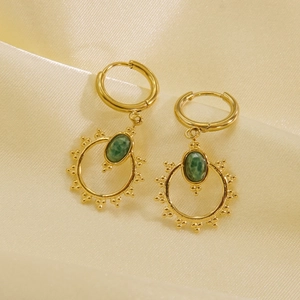 French vintage 14K gold-plated titanium earrings with green jade-like gemstone center