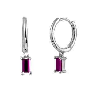 Detail view of rectangular ruby pink zircon drop earrings with silver hoop fasteners