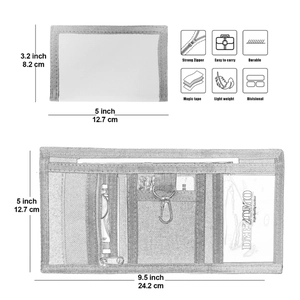 Detailed size specifications and functional features for camouflage tri-fold canvas wallet