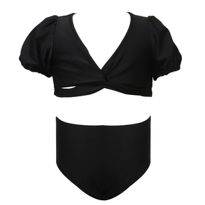 Two-piece black girl's bikini set with retro puff sleeves and high-waisted shorts