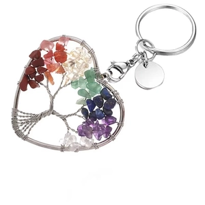 Chakra Tree of Life heart keychain with colorful natural crystal stones on silver wire