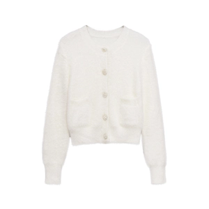 White fuzzy knit cardigan with crew neck, five buttons and front pockets for women