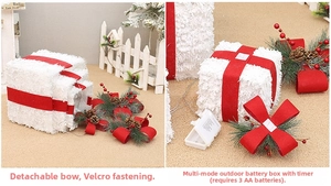 Detail of Christmas white plush gift box set with battery box and velvet ribbon
