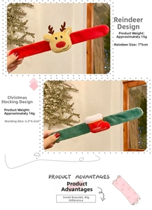 Detail of reindeer and Christmas stocking snap bracelets with festive plush embroidery