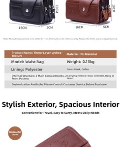 Detailed size chart for the PU leather waist bag showing dimensions of 16cm x 5cm x 10cm