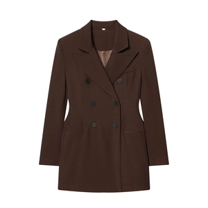 Classic dark brown double-breasted longline blazer with six buttons and peaked lapels