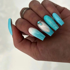 Long Coffin Press On Nails Turquoise Blue White Gradient Rhinestone Glitter Ballerina Fake Nails For Women