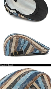 Detail of striped cotton beret showing texture and adjustable metal buckle strap