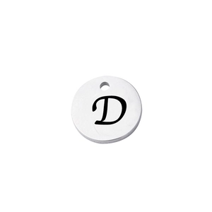 Polished stainless steel round pendant charm with engraved letter D on white background