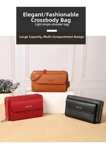 Detail view of multi-zip crossbody bags in brown, red, and black faux leather textures
