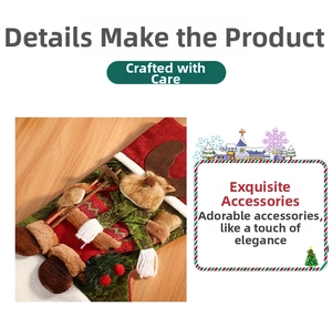 Detailed view of red Christmas stocking with plush 3D reindeer, pine cones, and red berries