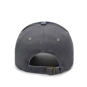 Back view of washed dark grey baseball cap showing metal buckle and cotton texture