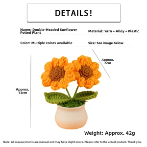 Detaillierte Spezifikationen einer handgehäkelten Sonnenblume im Topf mit 13cm Höhe