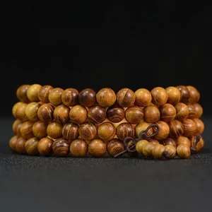 Bracelet Mala de Prière Bouddhiste en Bois de Santal Doré Naturel Style Ethnique Bracelet Enroulé en Perles pour Hommes Femmes