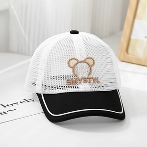 Detailed view of kids' summer mesh baseball cap with bear embroidery and breathable fabric
