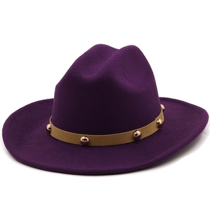Classic dark purple wool fedora hat with khaki studded band and gold metallic accents