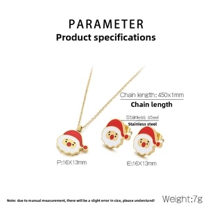 Detailed view of Santa Claus necklace and earrings set with enamel finish and sizing info