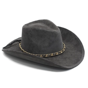 Detail of dark grey western cowboy hat with golden metal chain and leather strap decor