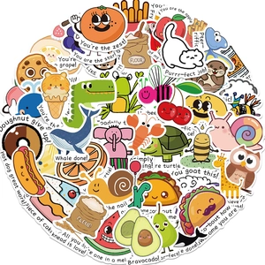 Close-up of vibrant cartoon stickers featuring cute animals and funny puns for DIY crafts