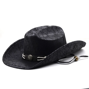 Classic black suede western cowboy hat with vintage cracked texture and chin strap