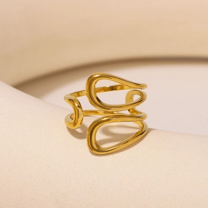 Minimalist Geometric Ring Stainless Steel Adjustable Asymmetric Oval Hollow Wave Jewelry Gold Plated For Women