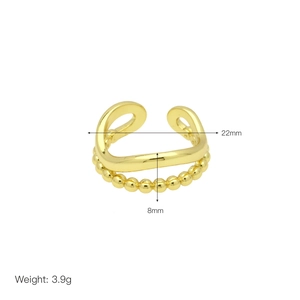 Detail view of 18k gold plated double-layer open ring with 22mm diameter and 3.9g weight