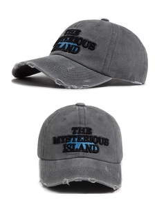 Detailed views of washed grey cotton baseball cap with distressed brim and 3D embroidery