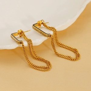 Fashion 18K Gold Plated Stainless Steel Tassel Dangle Earrings For Women With Double Layer Chain Rhinestone Enamel