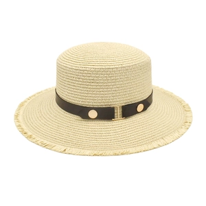 Women Boater Hat Straw Woven Flat Top Frayed Edge Wide Brim Sun Protection Summer Beach Leather Belt Fashion