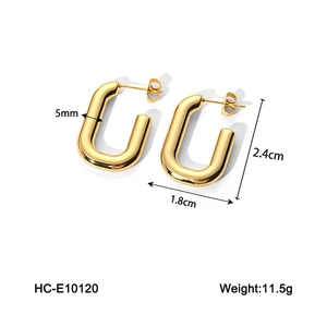 Detailed view of gold U-shaped earrings with measurements of 2.4cm height and 1.8cm width