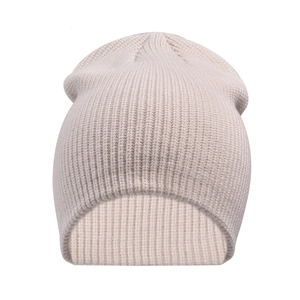 Unisex beige slouchy beanie in ribbed knit style for cold weather thermal warmth
