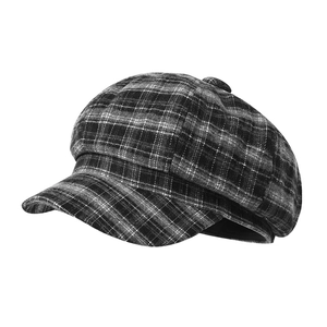 Vintage plaid newsboy cap for women in grey and black check pattern with a classic silhouette