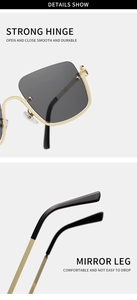 Detail of sturdy gold metal hinges and comfortable temple tips on half-frame sunglasses