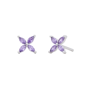 Detailed macro view of 925 sterling silver flower stud earrings with purple zircons