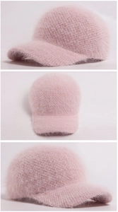 Detailed views of light pink faux rabbit fur baseball cap with plush knitted texture