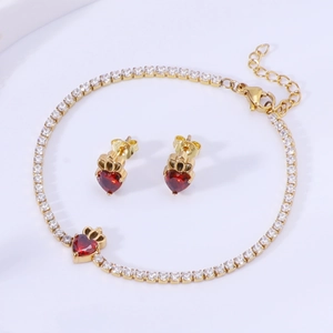 Luxurious gold crown jewelry set with red heart zircon stones and s925 silver accents
