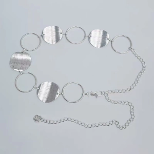 Bohemian silver metal waist chain with brushed textured discs and hollow rings for dresses