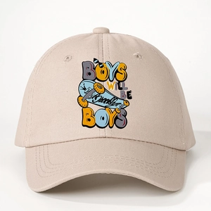 Detail of boys beige cotton baseball cap with Brooklyn skateboard graffiti print