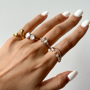 Classic 18K gold plated stainless steel ring set with white cubic zirconia stones