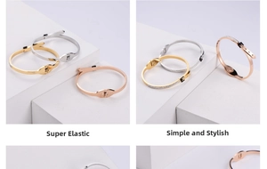 Detailed view of rhinestone-encrusted buckle bracelets in gold, silver and rose gold