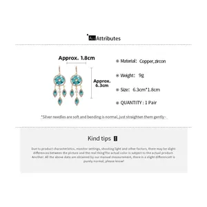 Detailed dimensions of blue zircon tassel drop earrings with gold copper plating