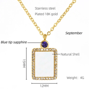 Detail of 18K gold plated square necklace with blue sapphire and natural shell