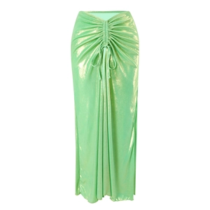 Detail of mint green metallic ruched skirt with drawstring and high waist finish
