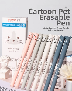 0.35mm erasable gel pens with cartoon animal toppers and matte pastel barrels