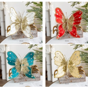 Detailed view of 25cm fabric Christmas butterfly ornaments in white, red, blue, and gold