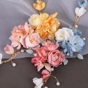 Elegant floral hairpin with colorful fabric flowers, golden chains, and pearls for Hanfu decor
