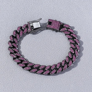 Hip hop style dark metal Cuban link bracelet with sparkling pink rhinestones and box clasp